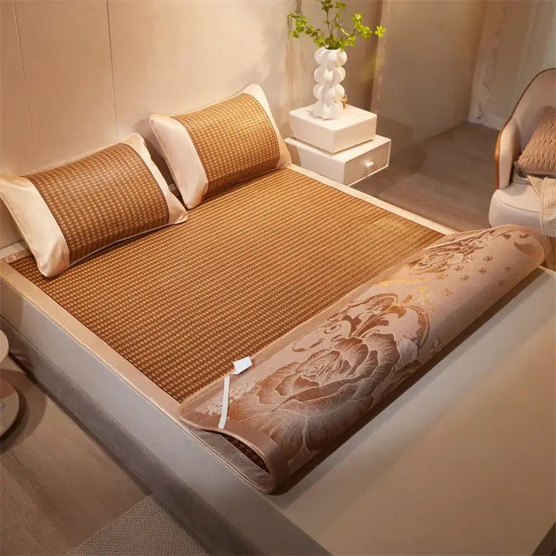 Beige woven bamboo cooling mat with floral pattern and rolled edge for decorbites jacquard cool brown cream rattan decor