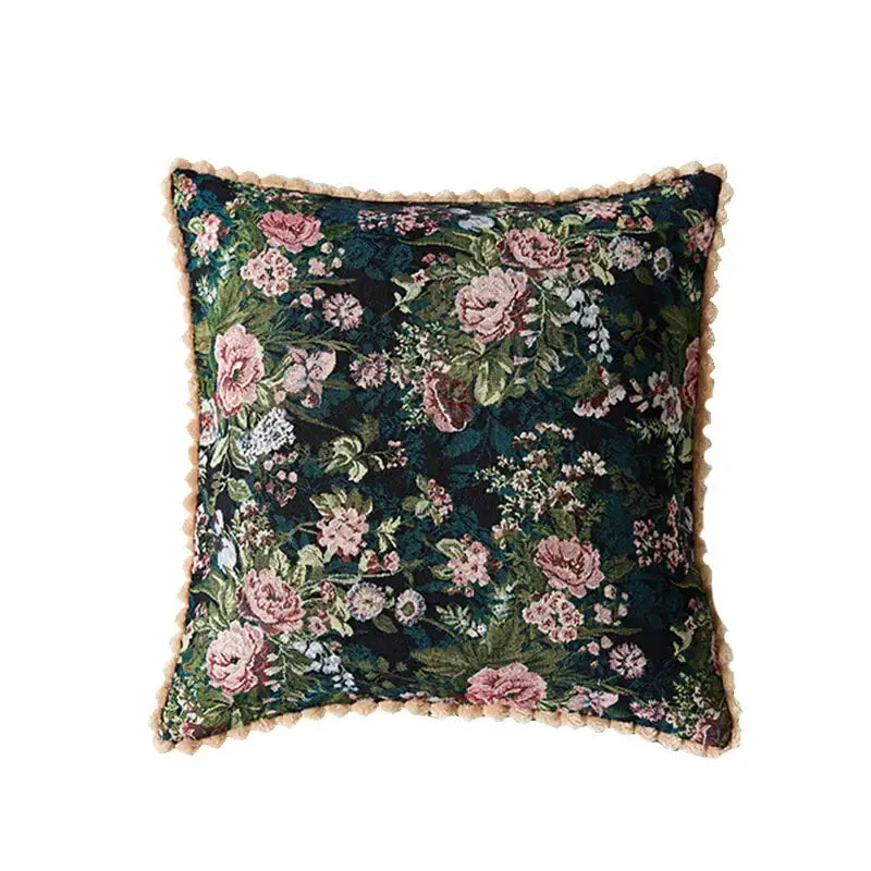 Dark green velvet jacquard farmhouse decor pillow case with intricate pink white floral embroidery and beige fringe trim
