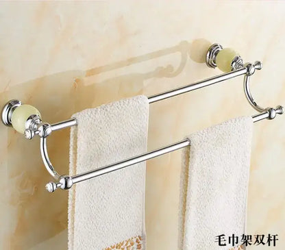 Chrome finished double-bar towel rack with pale green ceramic knobs and ornate detailing from jade bathroom set decorbites brass