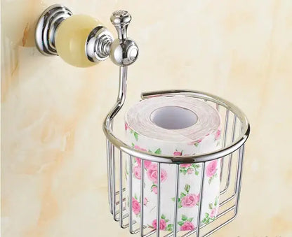 Chrome-finished toilet paper holder with cream ceramic knob and oval wire basket from jade bathroom set decorbites brass