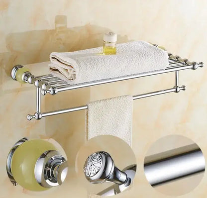 Chrome finished bathroom towel rack with greenish yellow ceramic knobs and floral detailing in jade bathroom set decorbites brass