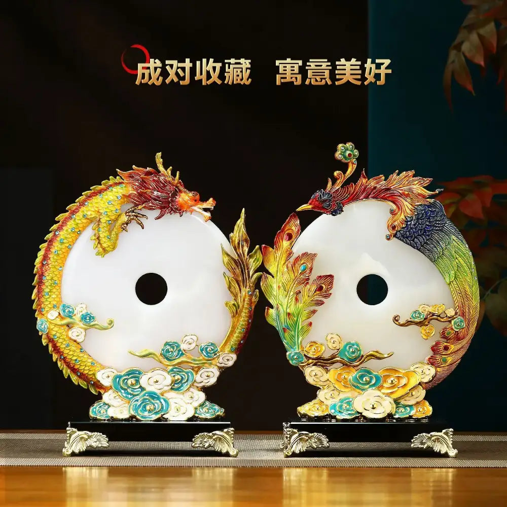A pair of white jade dragon phoenix ornament plates with golden carvings and enamel for living room decorbites jade dragon decor