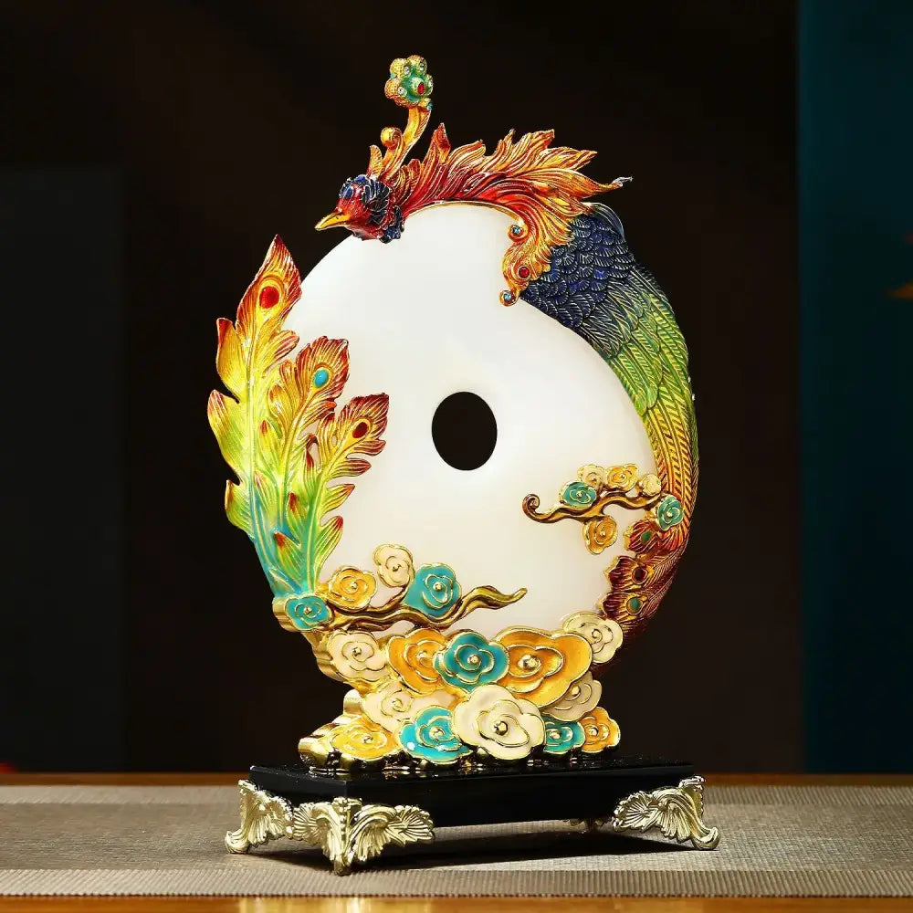 Vibrant ornate white jade disc sculpture with colorful peacock feathers and floral embellishments for jade dragon phoenix ornament decorbites jade dragon