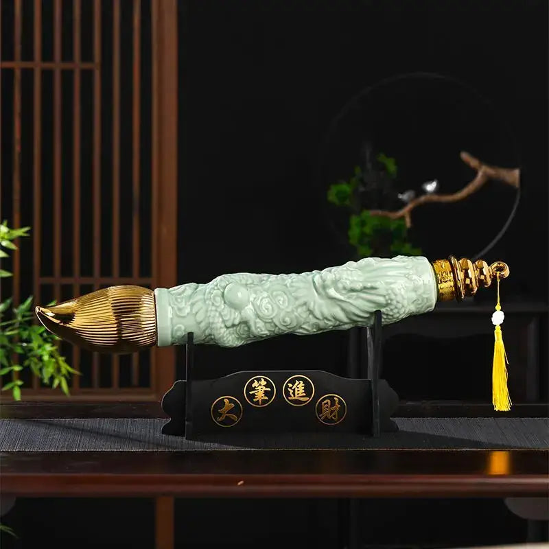 Jade green and gold ceramic wine brush with intricate cloud patterns and a tassel for ceramic wine bottles decor