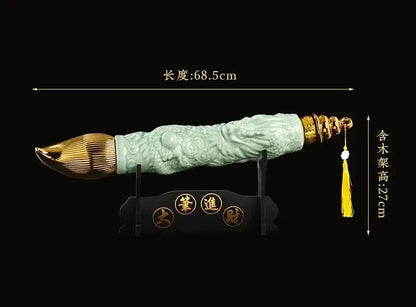 Jade green and gold ceramic wine bottle with intricate cloud patterns and a golden tassel for dining room decor