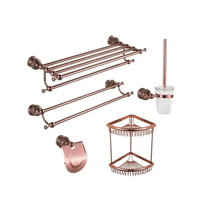 Jade and rose gold bathroom set with ornate rose gold towel rack, paper holder, single rod, corner shelf, and brush cup