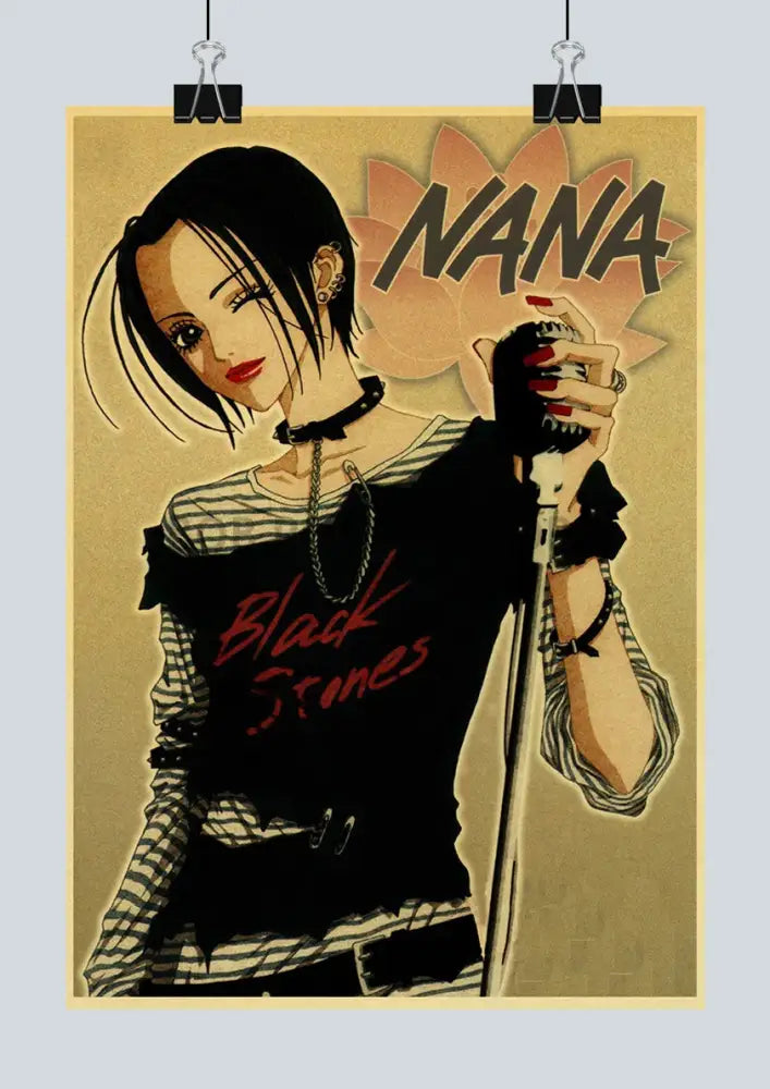 Vintage-style decorbites™ japanese anime nana retro poster sticker featuring anime nana with short black hair holding microphone