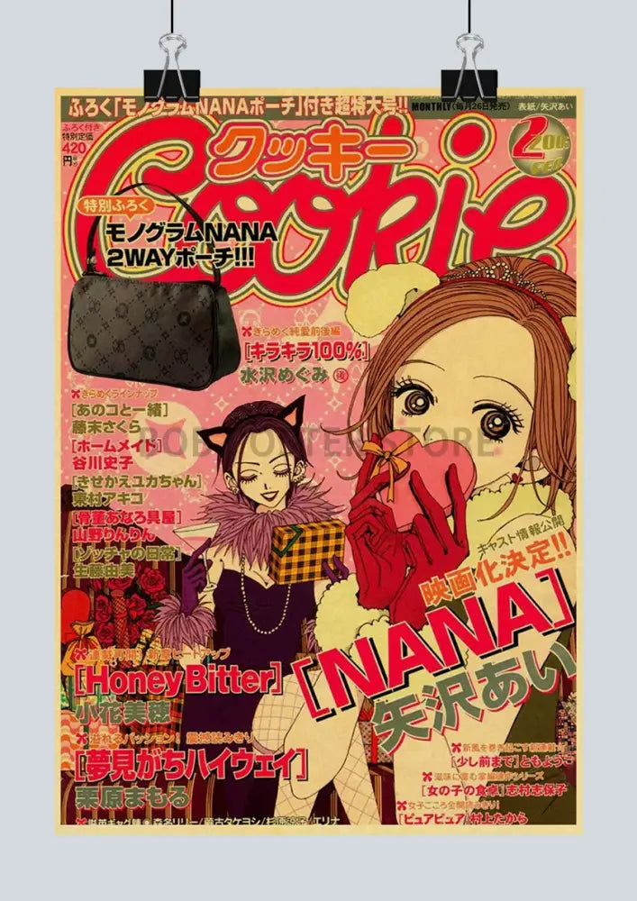 Black handbag with monogram pattern and gold hardware featured in the DecorBites™ japanese anime nana retro poster set