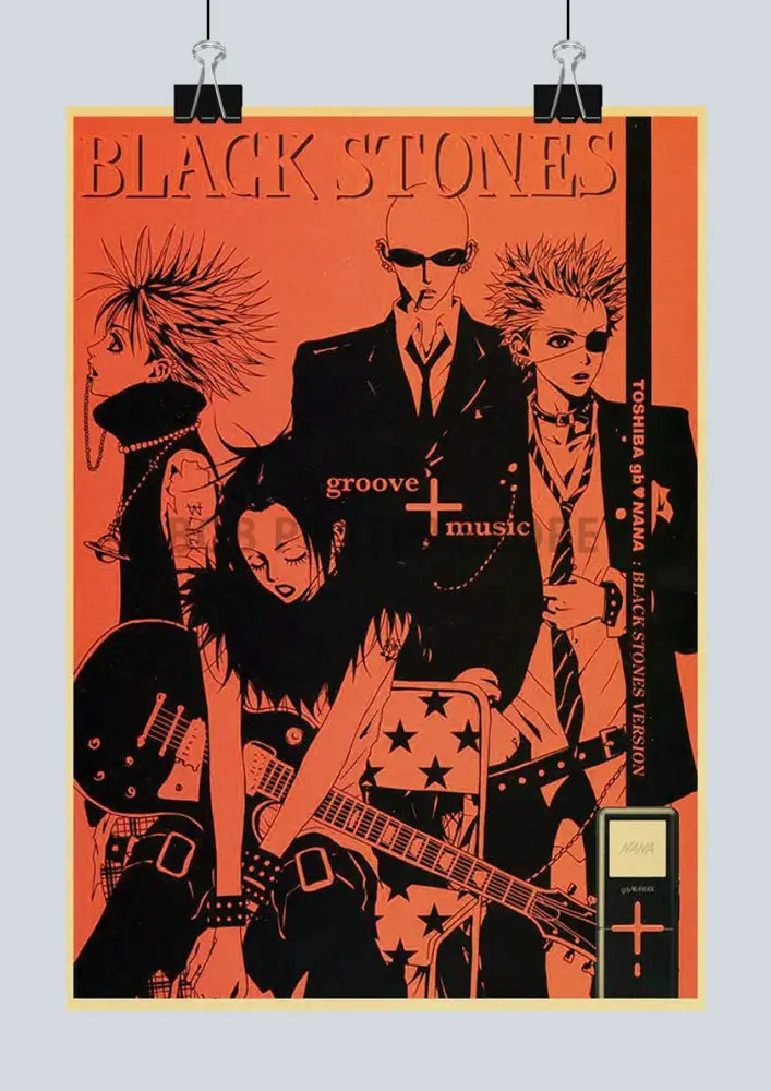 Orange poster featuring black line art of a punk rock band with guitars from decorbites japanese anime nana retro poster set