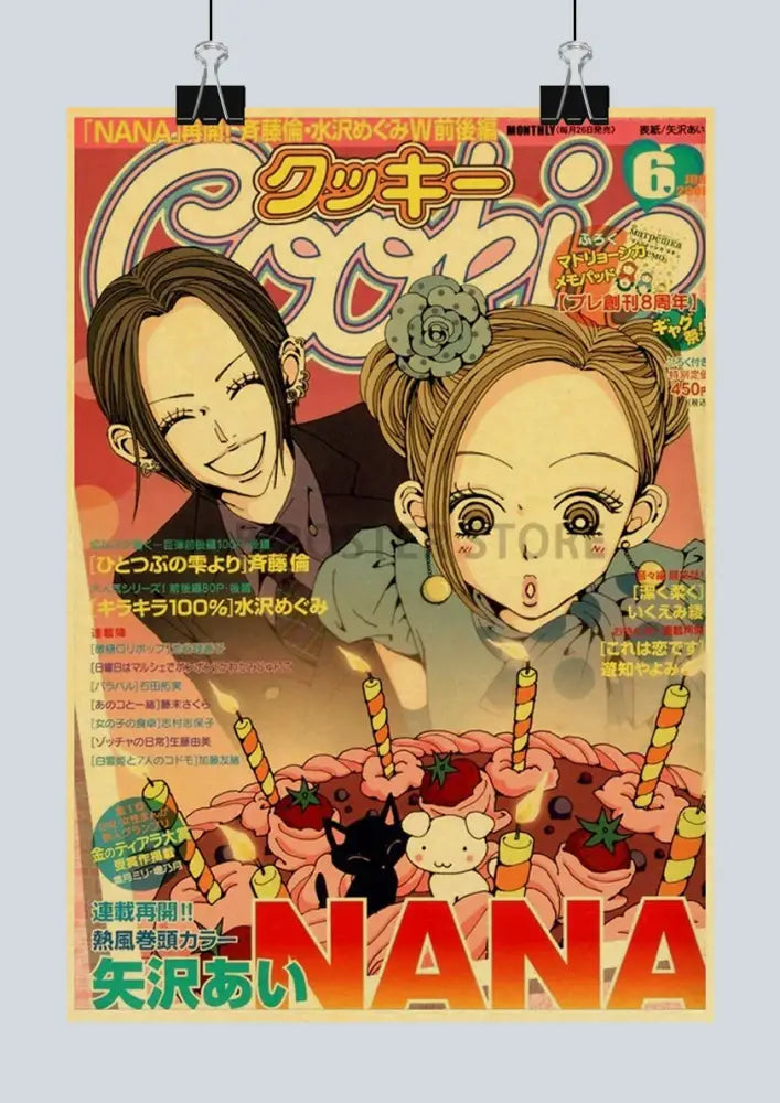 Vibrant orange and pink manga magazine cover with two illustrated characters and birthday cake design in japanese anime nana poster set decorbites
