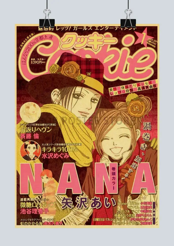 Vibrant red and yellow decorbites™ japanese anime nana retro poster set featuring two girls with floral headpieces