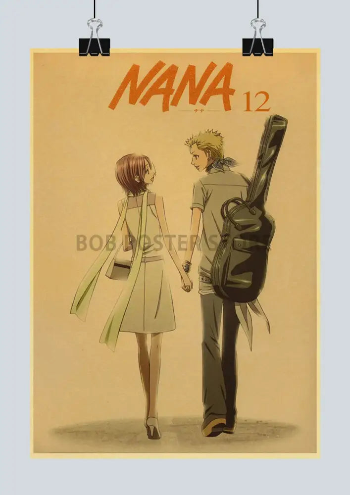 Vintage-style japanese anime nana poster set by decorbites featuring nana and her male companion with guitar case