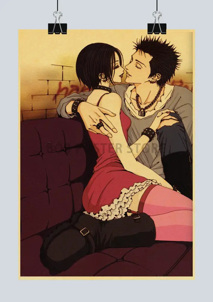 A vintage-style japanese anime nana poster featuring a couple in a romantic embrace with a woman in red dress