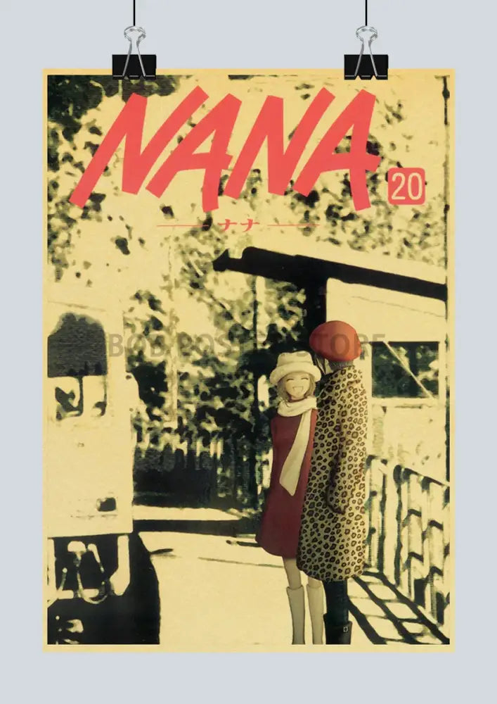 Vintage-style decorbites™ japanese anime nana retro poster set with bold red lettering and sepia-toned artwork of two characters