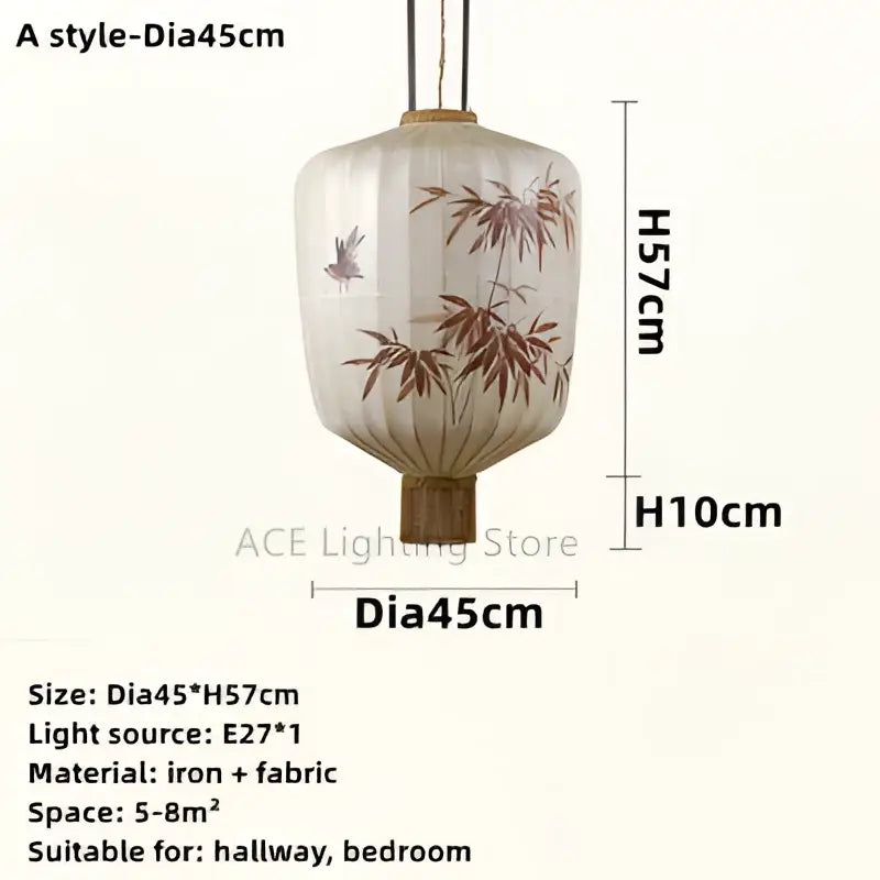 Off-white paper lantern with brown bamboo leaf pattern and bird illustrations with wooden base for living room pendant light