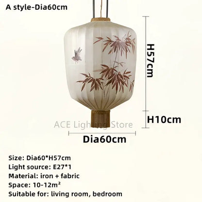 Japanese bamboo leaf pattern paper lantern with beige fabric and brown bamboo leaf motifs in iron frame pendant light