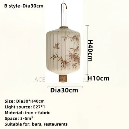 Beige japanese paper lantern with brown bamboo leaf pattern made of iron and fabric for living room pendant light