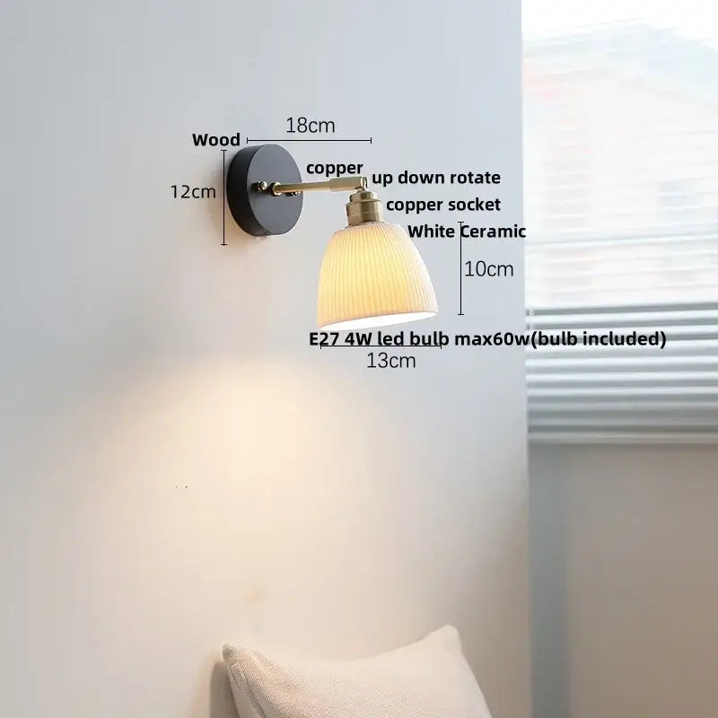 Japanese black wood wall light with copper arm and white ceramic shade decorbites wall light for bedroom use