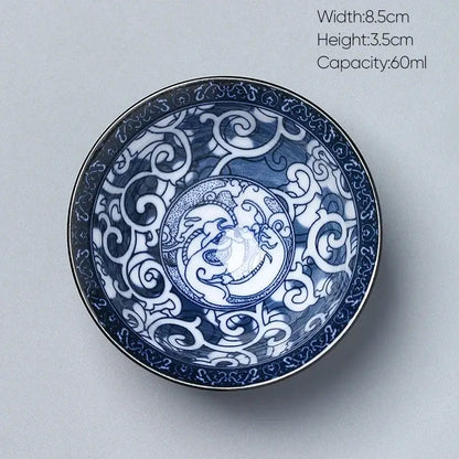 Japanese blue and white porcelain kung fu tea cup with intricate dragon design by decorbites ceramic kung