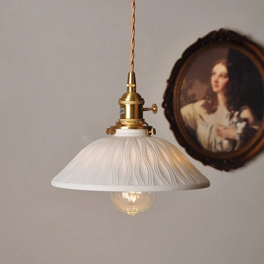 Japanese Ceramic Pendant Light With Polished Copper Finish - Decorbites
