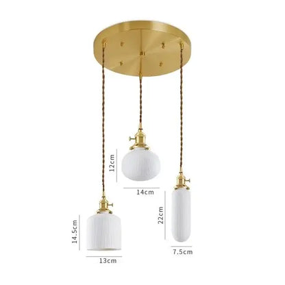 Gold-toned ceiling fixture with three white ribbed glass decorbites ceramic led pendant lights suspended by twisted cords