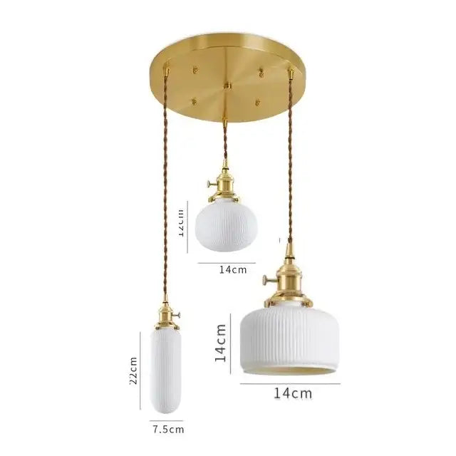 Gold-toned ceramic led pendant light with two white ribbed glass shades suspended by braided cords for dining room decorbites ceramic led pendant