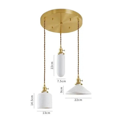 Gold-toned ceramic led pendant light with three white glass shades and braided cords for dining room decorbites ceramic led