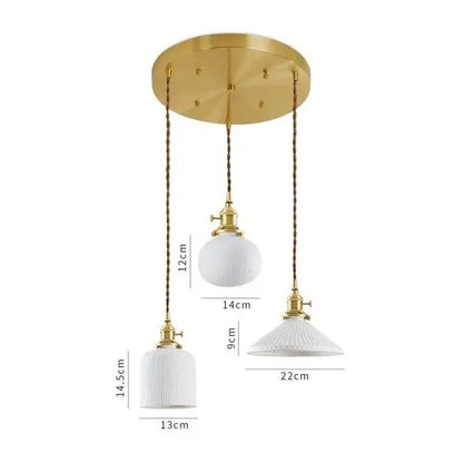 A modern ceramic led pendant light with Japanese cream ribbed shades and brass hardware for dining room decorbites ceramic led