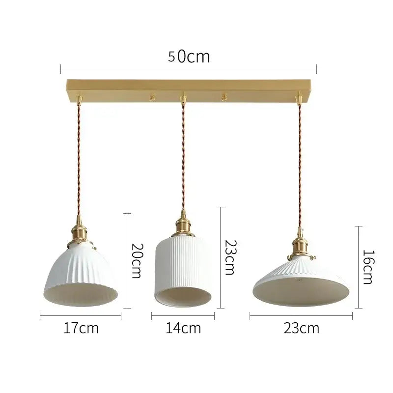 Set of three Japanese cream ribbed ceramic led pendant lights with gold fixtures and braided cords for dining room decorbites ceramic led pendant