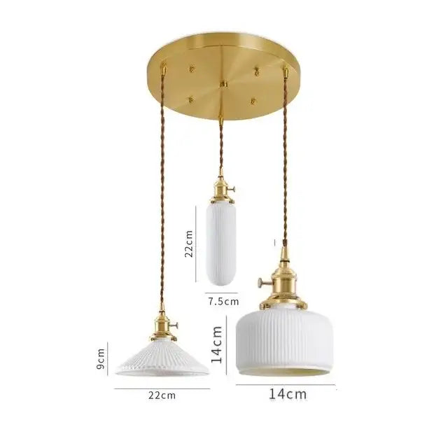 Set of three elegant white ribbed ceramic led pendant lights with brass hardware for dining room decorbites ceramic led