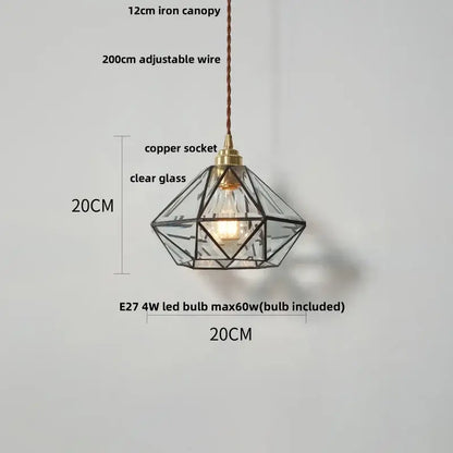 Japanese geometric glass led pendant lamp with black metal frame, clear panels, brass socket, and braided cord suspension