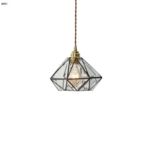 Japanese geometric glass led pendant lamp with brass frame and twisted copper cord for dining room lighting