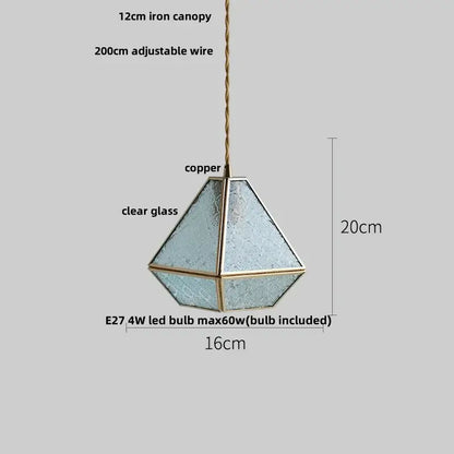 Japanese geometric glass led pendant lamp with clear textured glass panels and copper frame for dining room lighting