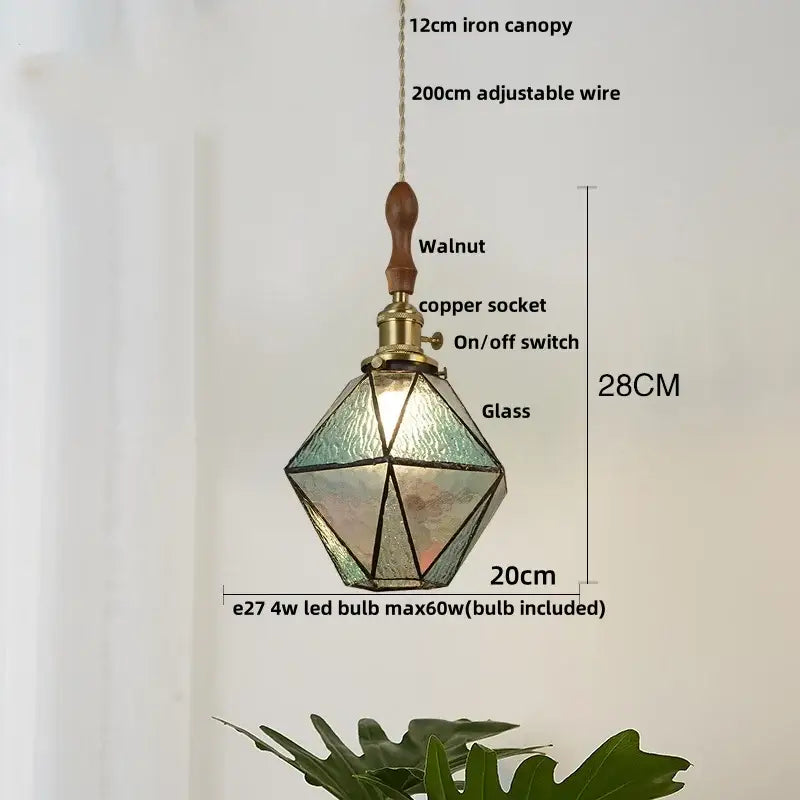 Japanese geometric glass led pendant lamp with walnut wood top copper socket and green stained glass panels for dining room