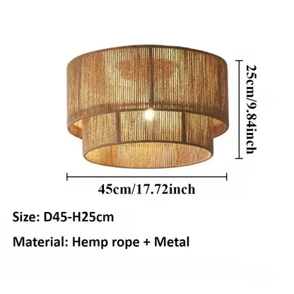 Japanese golden two tiered pendant light made of natural hemp rope and metal as a warm light source for dining rooms