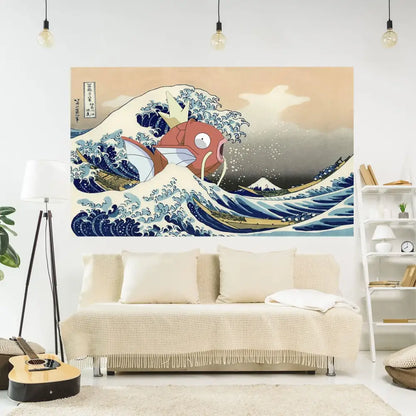 A vibrant red and white cartoon fish on blue stylized waves in a japanese great wave kanagawa tapestry wall hanging