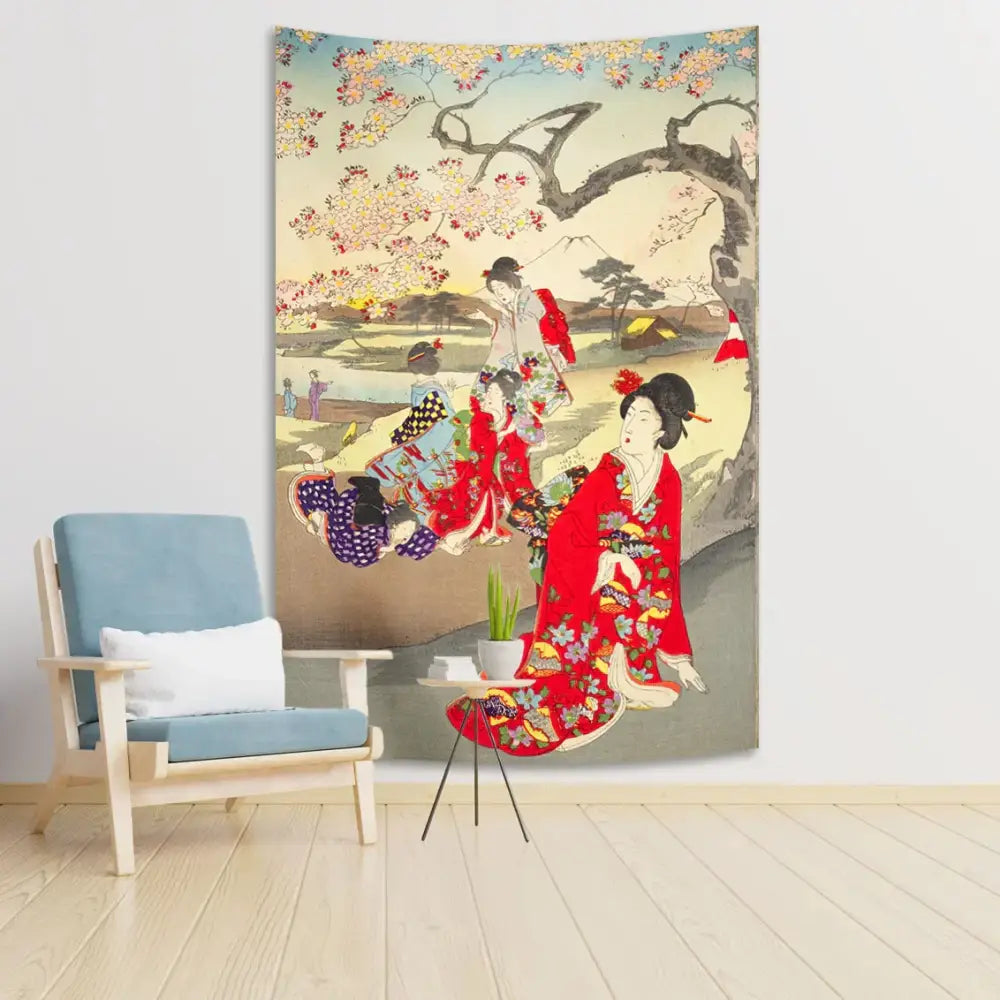 A vibrant red kimono tapestry with intricate floral patterns and sakura background for home decor by decorbites geisha