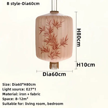 Japanese lantern painting with beige peach fabric body and reddish-brown bamboo embroidery for dining room light
