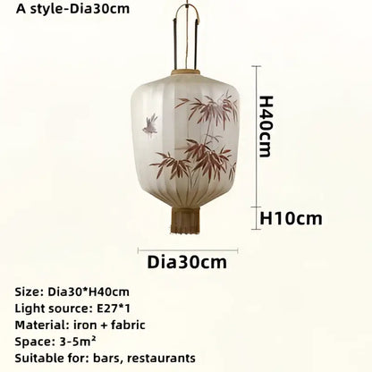 Japanese lantern painting peach fabric chandelier with delicate bamboo and bird illustrations in earthy tones crafted from iron and fabric