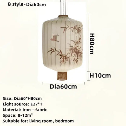 Beige japanese lantern painting with brown bamboo and bird patterns made of iron and fabric for dining room light