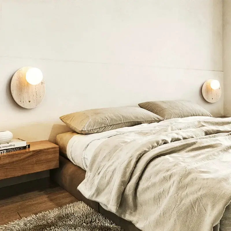 Japanese minimalist beige cave stone wall lamp with circular wooden sconces and warm glow for bedroom decorbites cave stone wall lamp