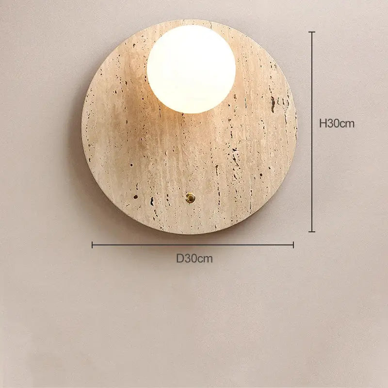 Japanese minimalist beige cave stone wall lamp with circular stone sconce and central white globe bulb for bedroom decorbites cave stone wall lamp