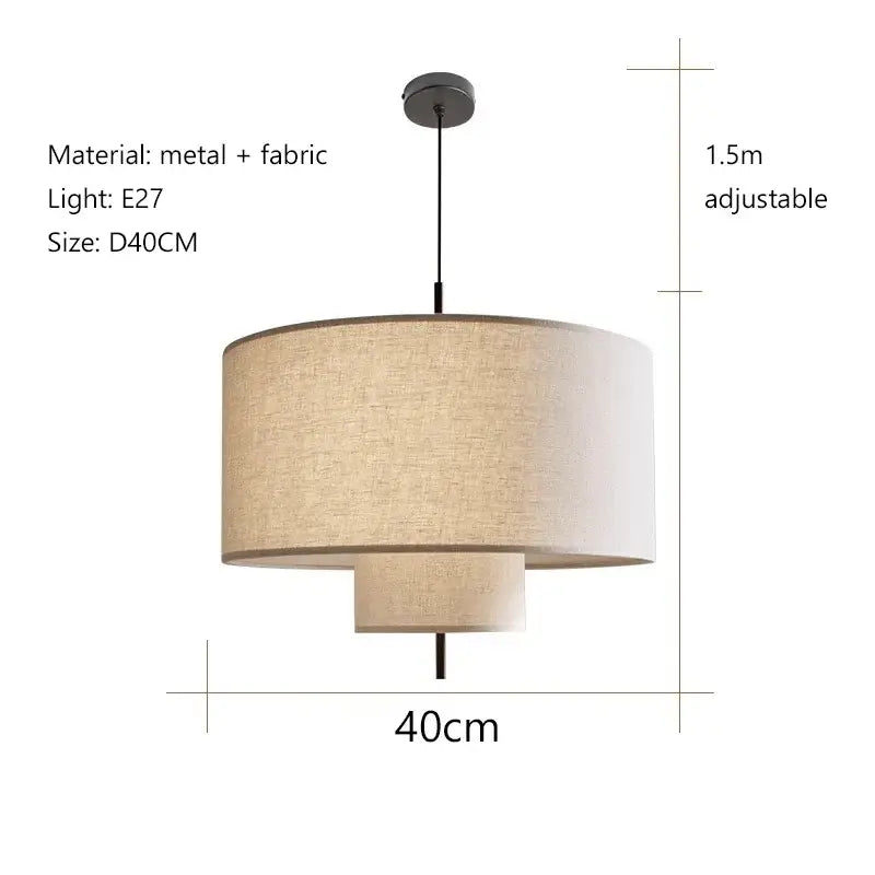 Beige fabric drum pendant lamp with metal hardware and adjustable height from decorbites camden japanese collection