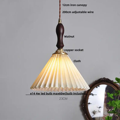 Japanese pleated paper pendant light with warm tones, walnut wood handle, brass accents for decorbites led walnut wood decor