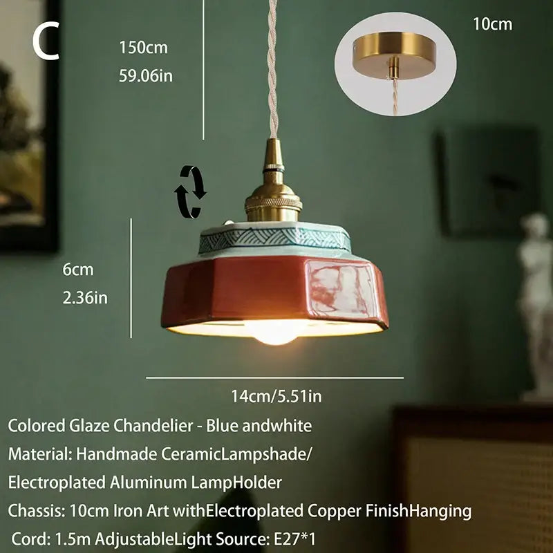 Japanese retro ceramic pendant light with red and blue-white glaze, electroplated aluminum holder, copper iron chassis
