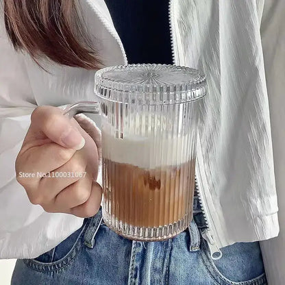 Clear ribbed glass coffee cup set with matching lid and handle from decorbites glass coffee kitchen glassware