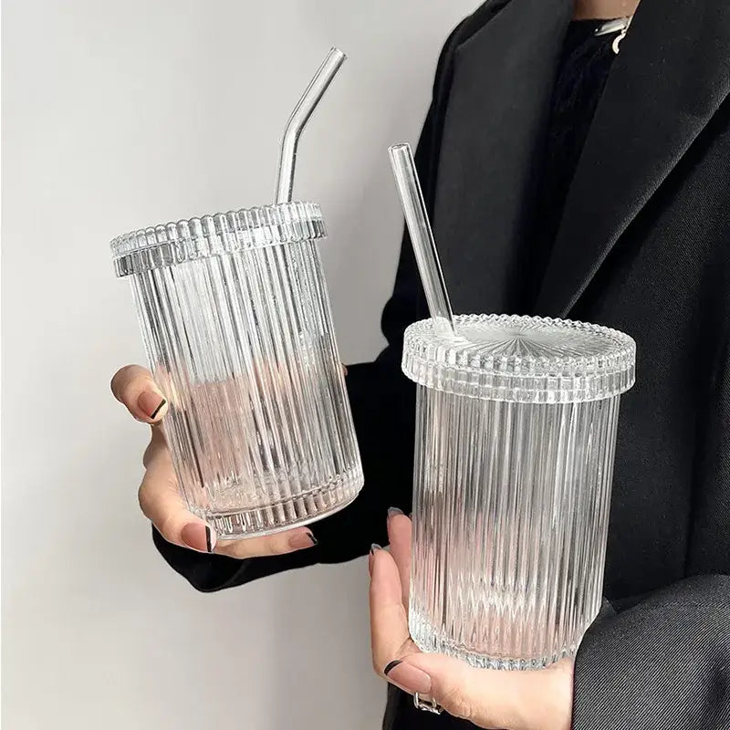 Japanese ribbed glass straw cup set with clear tumblers, vertical ridges, matching lids, and transparent straws by decorbites