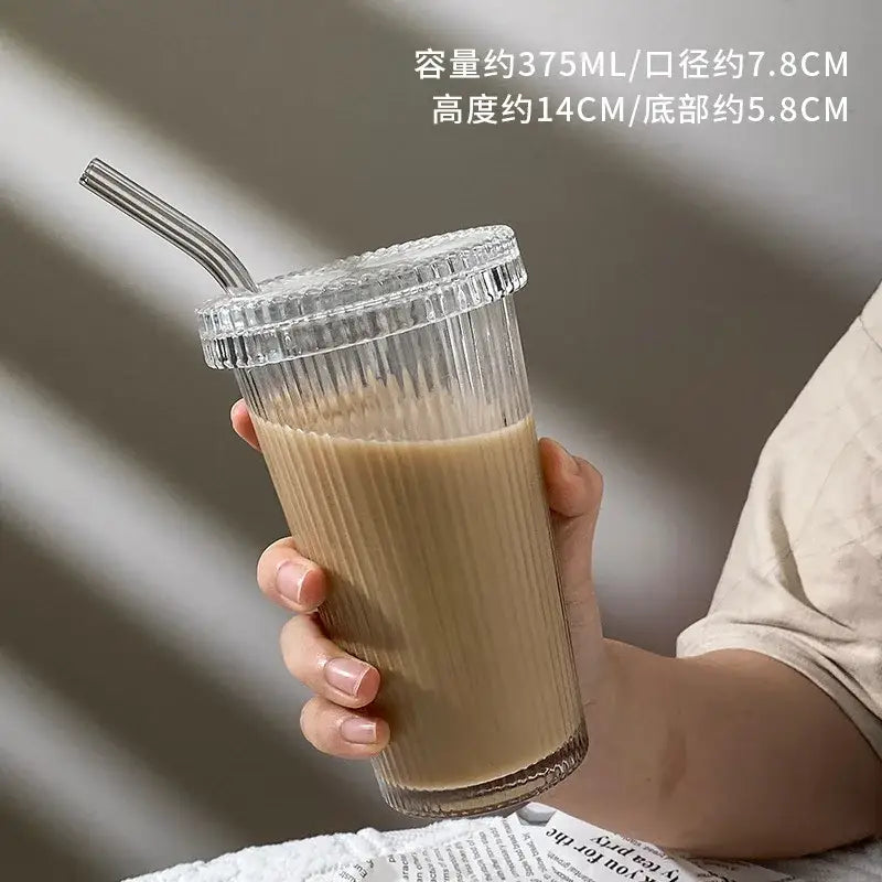 Clear ribbed glass straw cup set with matching lid and stainless steel straw decorbites glass straw for kitchen use