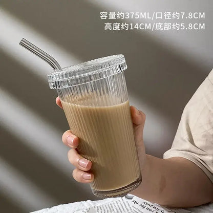 Clear ribbed glass straw cup set with matching lid and stainless steel straw decorbites glass straw for kitchen use