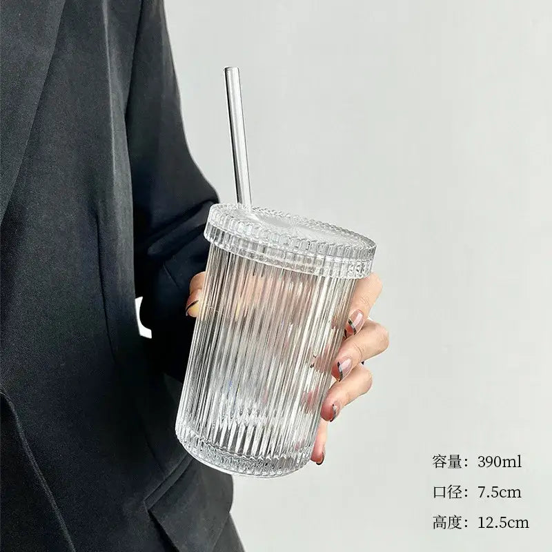 Japanese ribbed glass straw cup set with clear ribbed glass tumbler, matching lid, and sleek metallic decorbites glass straw